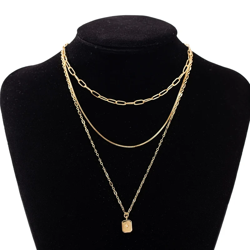 New Fashion Geometric Multi-Layer Stacked Women's Copper Electroplated Square Pendant Necklace