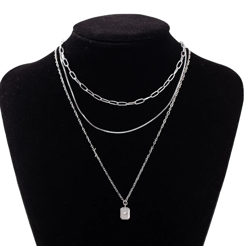 New Fashion Geometric Multi-Layer Stacked Women's Copper Electroplated Square Pendant Necklace