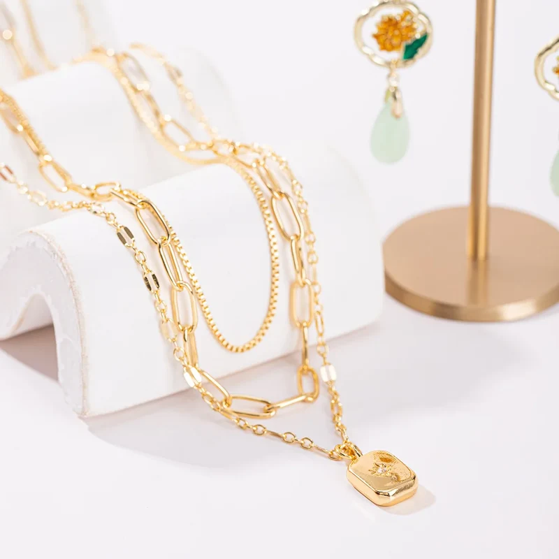 New Fashion Geometric Multi-Layer Stacked Women's Copper Electroplated Square Pendant Necklace