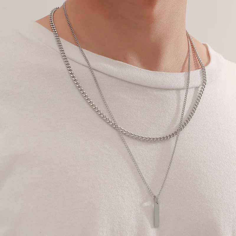 2PCS Unisex Stainless Steel Minimalist Multi-Color Simple Rectangular Pendant Necklace with Snake Chain Chokers Necklaces