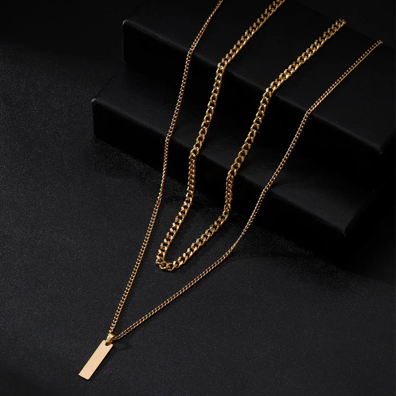 2PCS Unisex Stainless Steel Minimalist Multi-Color Simple Rectangular Pendant Necklace with Snake Chain Chokers Necklaces