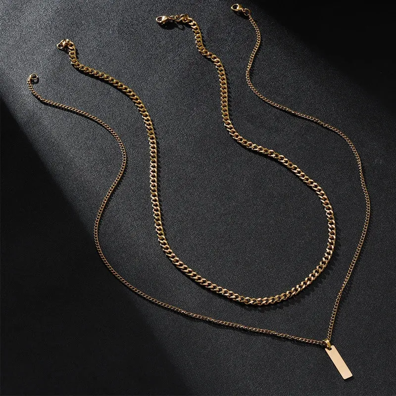 2PCS Unisex Stainless Steel Minimalist Multi-Color Simple Rectangular Pendant Necklace with Snake Chain Chokers Necklaces