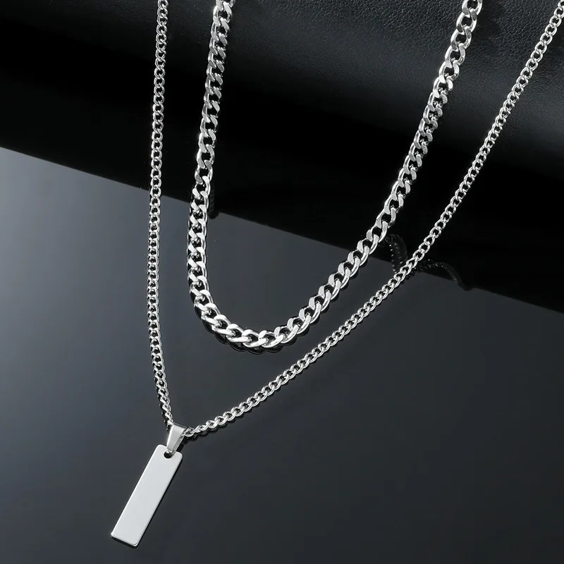 2PCS Unisex Stainless Steel Minimalist Multi-Color Simple Rectangular Pendant Necklace with Snake Chain Chokers Necklaces