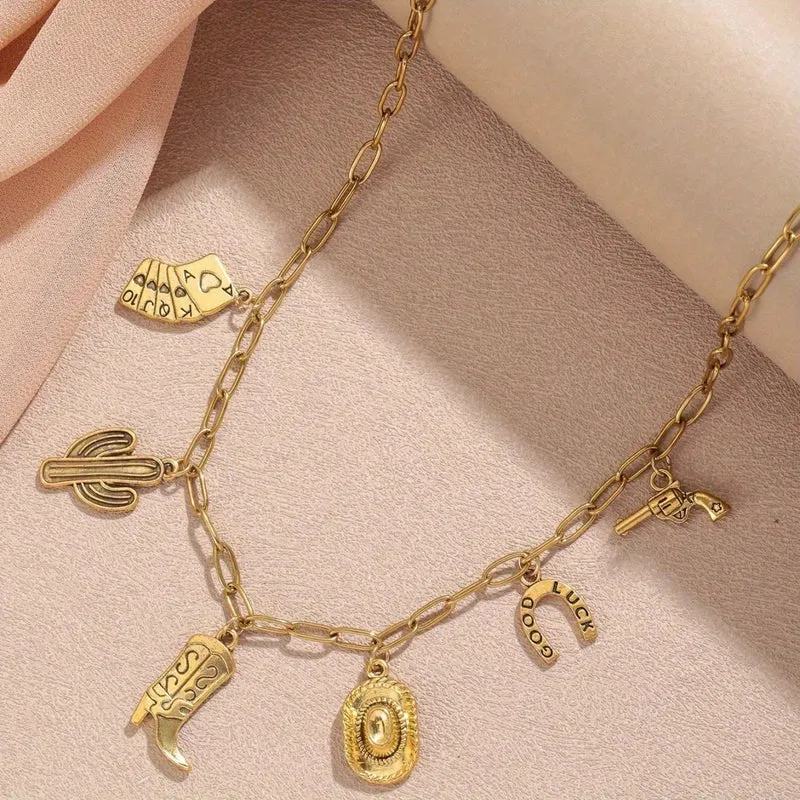 1 Stylish Vintage Western Cowboy Stainless Steel Necklace Rope Chain-Women's Party Jewelry Featuring Cowboy Boots Gun Pendant