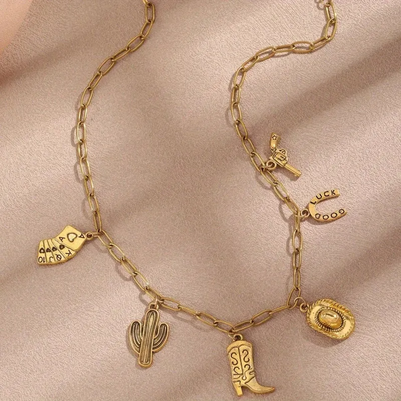 1 Stylish Vintage Western Cowboy Stainless Steel Necklace Rope Chain-Women's Party Jewelry Featuring Cowboy Boots Gun Pendant
