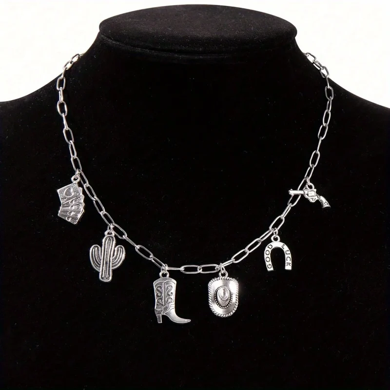 1 Stylish Vintage Western Cowboy Stainless Steel Necklace Rope Chain-Women's Party Jewelry Featuring Cowboy Boots Gun Pendant