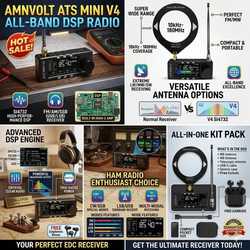 AMNVOLT V4 ATS MINI SI4732 Full Band DSP Radio Receiver FM AM SSB LSB USB with LCD Display Built-in Headphone Amp for Travel