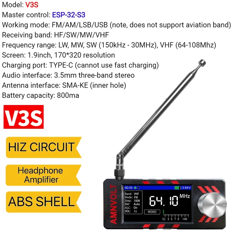 Upgraded V3S AMNVOLT Mini SI4732 DSP Radio Receiver FM AM SSB LSB USB Full Band Pocket Radio with Hi-Z Headphone Amplifier