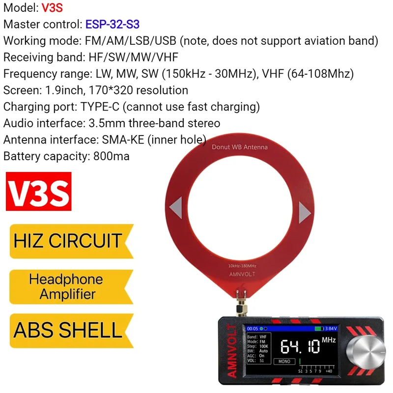 Upgraded V3S AMNVOLT Mini SI4732 DSP Radio Receiver FM AM SSB LSB USB Full Band Pocket Radio with Hi-Z Headphone Amplifier