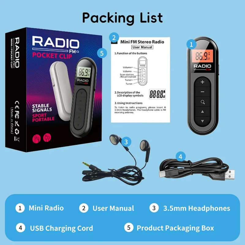 [Mini Portable FM Radio] Rechargeable Mini Portable FM Radio with Clip - Suitable for Meetings, Tours- Comes with Earphones