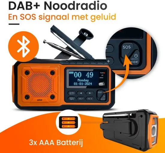 Solar Crank DAB+ FM Radio with 5000 mAh Power Bank, Bluetooth speaker Emergency Radio, USB-C Phone Charge, SOS Alarm, Torch
