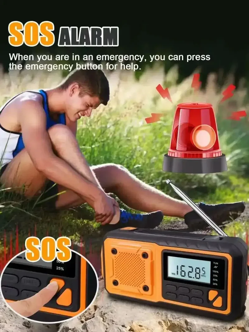 Solar Crank DAB+ FM Radio with 5000 mAh Power Bank, Bluetooth speaker Emergency Radio, USB-C Phone Charge, SOS Alarm, Torch