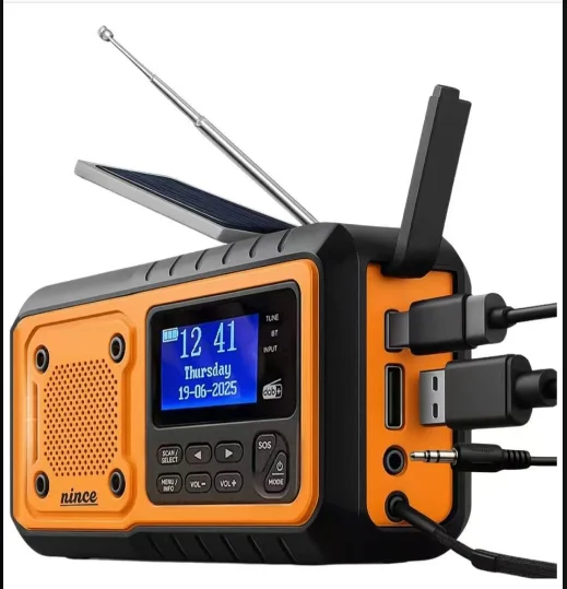 Solar Crank DAB+ FM Radio with 5000 mAh Power Bank, Bluetooth speaker Emergency Radio, USB-C Phone Charge, SOS Alarm, Torch