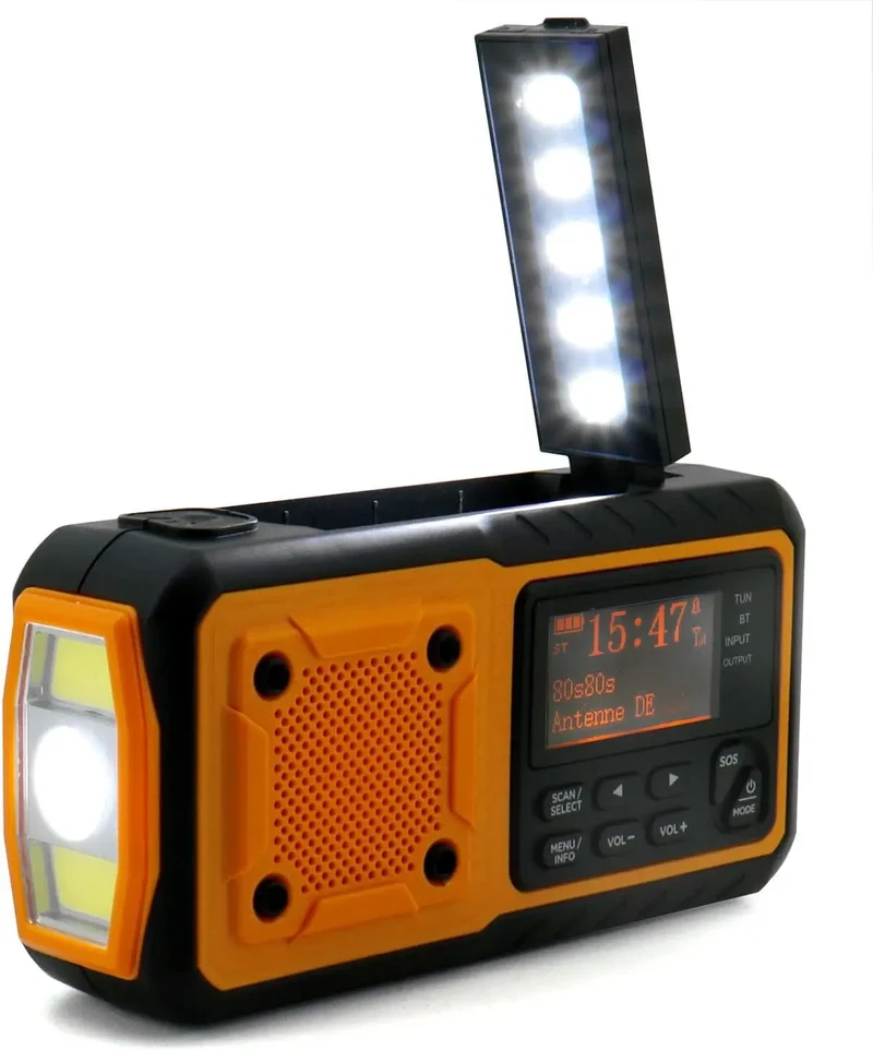Solar Crank DAB+ FM Radio with 5000 mAh Power Bank, Bluetooth speaker Emergency Radio, USB-C Phone Charge, SOS Alarm, Torch