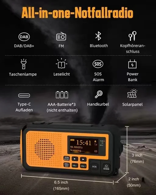 Solar Crank DAB+ FM Radio with 5000 mAh Power Bank, Bluetooth speaker Emergency Radio, USB-C Phone Charge, SOS Alarm, Torch