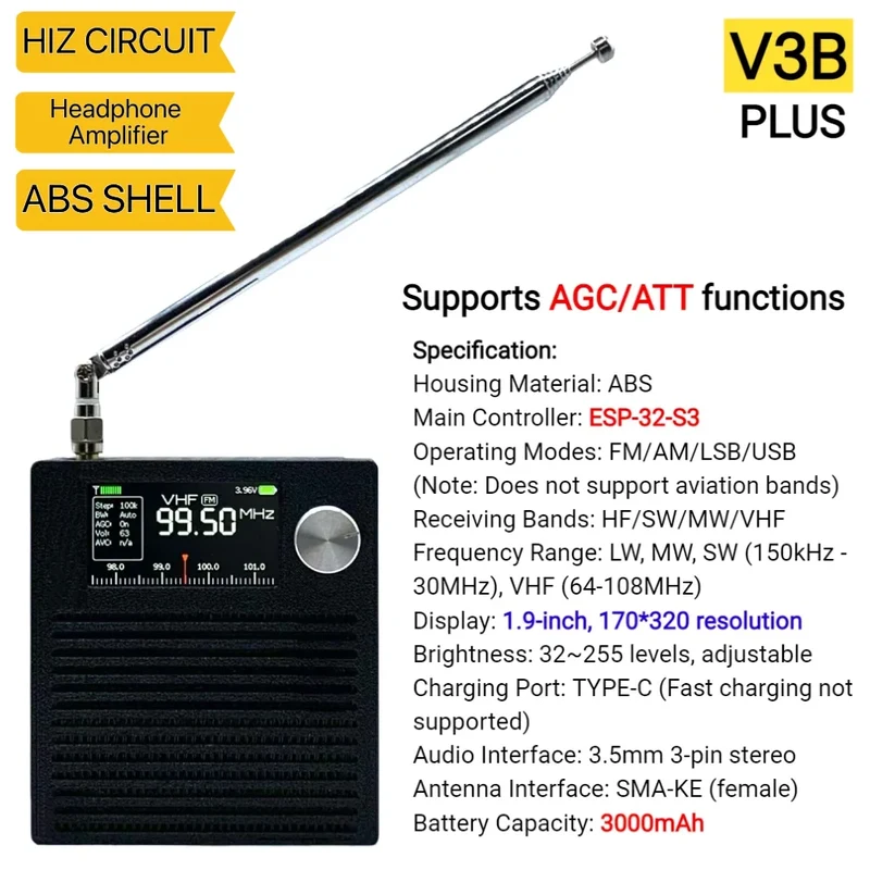 AMNVOLT V4/V3S ATS MINI SI4732 Radio ALL Band DSP Radio FM AM SSB LSB USB Receiver, built-in Hi-Z Headphone Amplifier Circuit