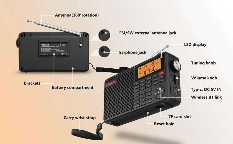 XHDATA D-109 Stereo Digital Portable Radio AM SW MW FM Radio Bluetooth Compatible Multifunctional Radio Support TF Card Player