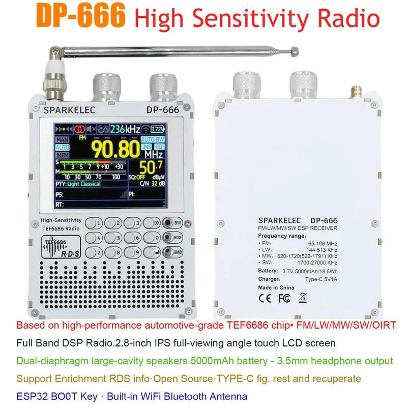 DP-666 TEF6686 Radio High Sensitivity Full Band FM AM Short Wave Radio with LCD Display High Sensitivity DSP Receiver Radio