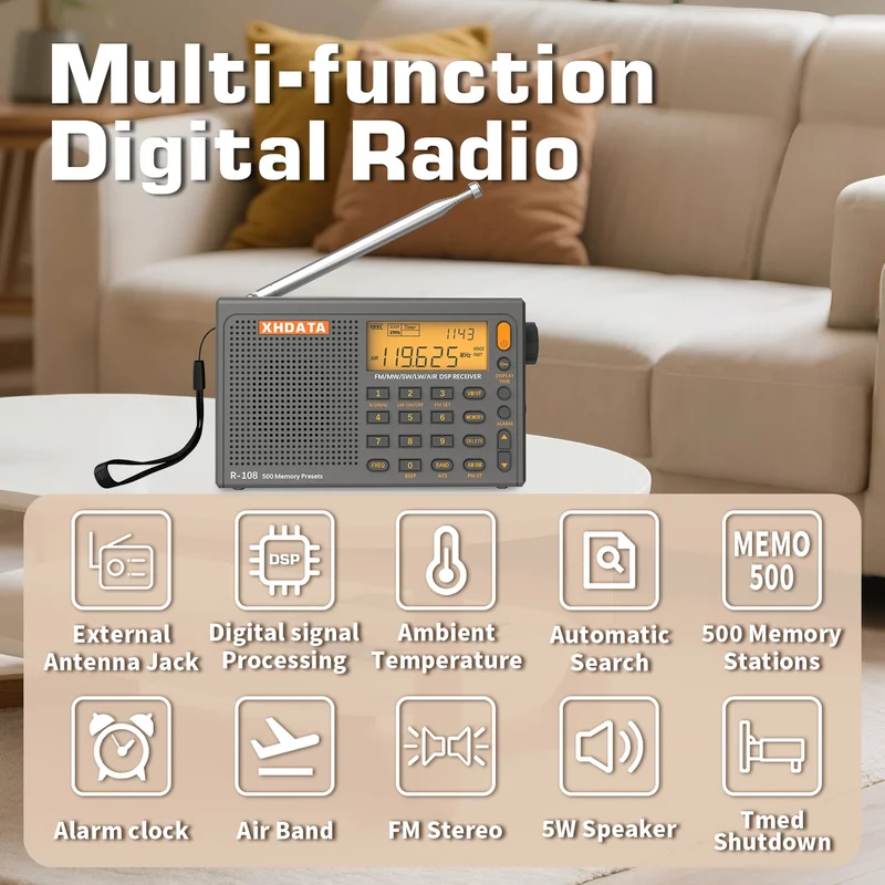 XHDATA R-108 Digital Portable Radio Stereo FM LW SW MW Full-Band Radio DSP Radio Receiver Multi-Function Rechargeable Radio