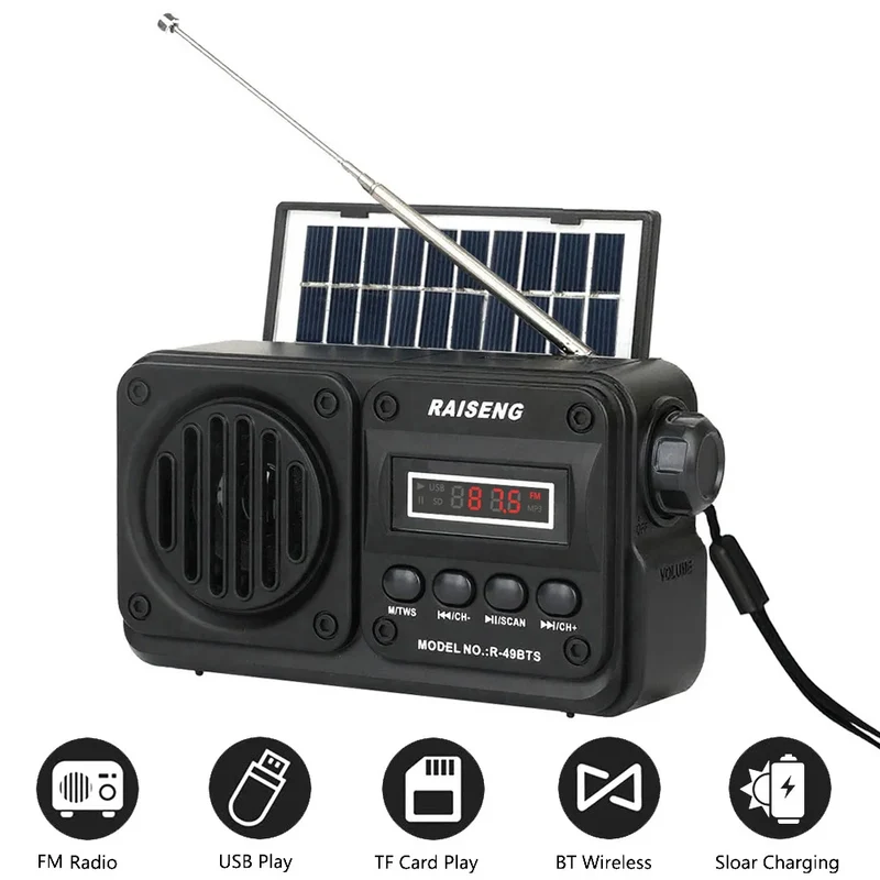 Solar Charging FM Radio Bluetooth Speaker with USB/TF MP3 Playback, Rechargeable Radio Receiver Portable Design for Home&Outdoor