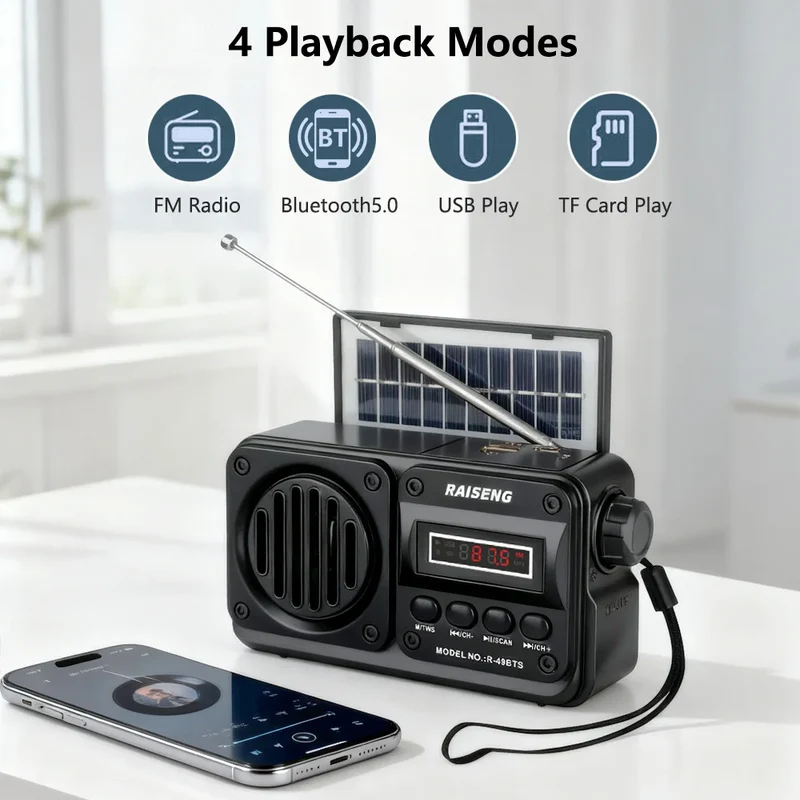 Solar Charging FM Radio Bluetooth Speaker with USB/TF MP3 Playback, Rechargeable Radio Receiver Portable Design for Home&Outdoor