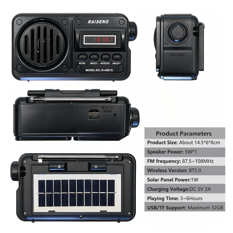Solar Charging FM Radio Bluetooth Speaker with USB/TF MP3 Playback, Rechargeable Radio Receiver Portable Design for Home&Outdoor