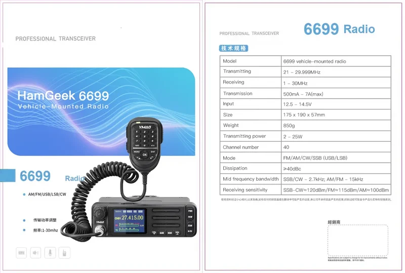 HamGeek 6699-CB Radio 1-30MHz/21-30MHz Mobile Radio Supporting FM/AM/CW/SSB Modes with Microphone