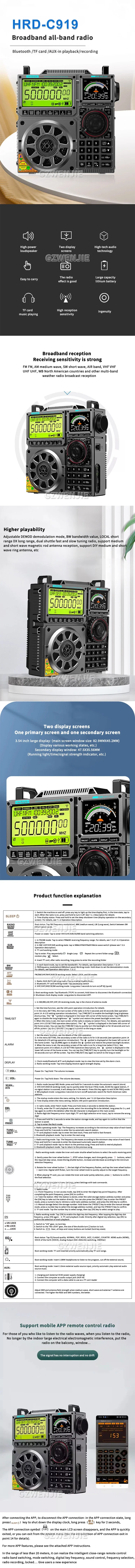 HRD-C919 AIR FM MW SW Shortwave VHF UHF WB Multi-band Radio Portable Aviation Band Radio Receiver 5000ma Battery