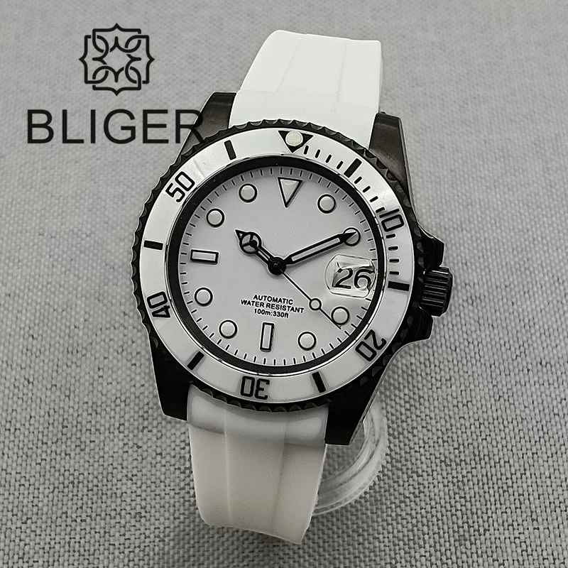 BLIGER 40mm NH35A Automatic Watch for Men White Ceramic Bezel Black Case Green Luminous Date Magnified Rubber Strap