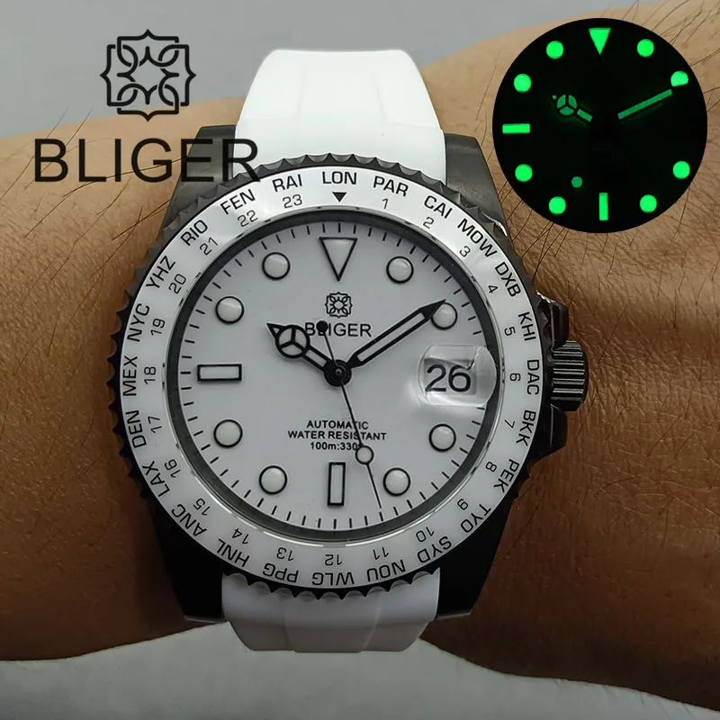 BLIGER 40mm NH35A Automatic Watch for Men White Ceramic Bezel Black Case Green Luminous Date Magnified Rubber Strap