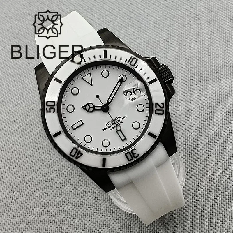 BLIGER 40mm NH35A Automatic Watch for Men White Ceramic Bezel Black Case Green Luminous Date Magnified Rubber Strap