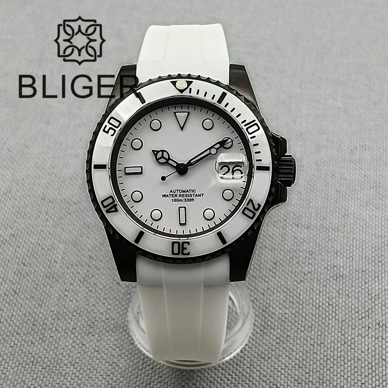 BLIGER 40mm NH35A Automatic Watch for Men White Ceramic Bezel Black Case Green Luminous Date Magnified Rubber Strap