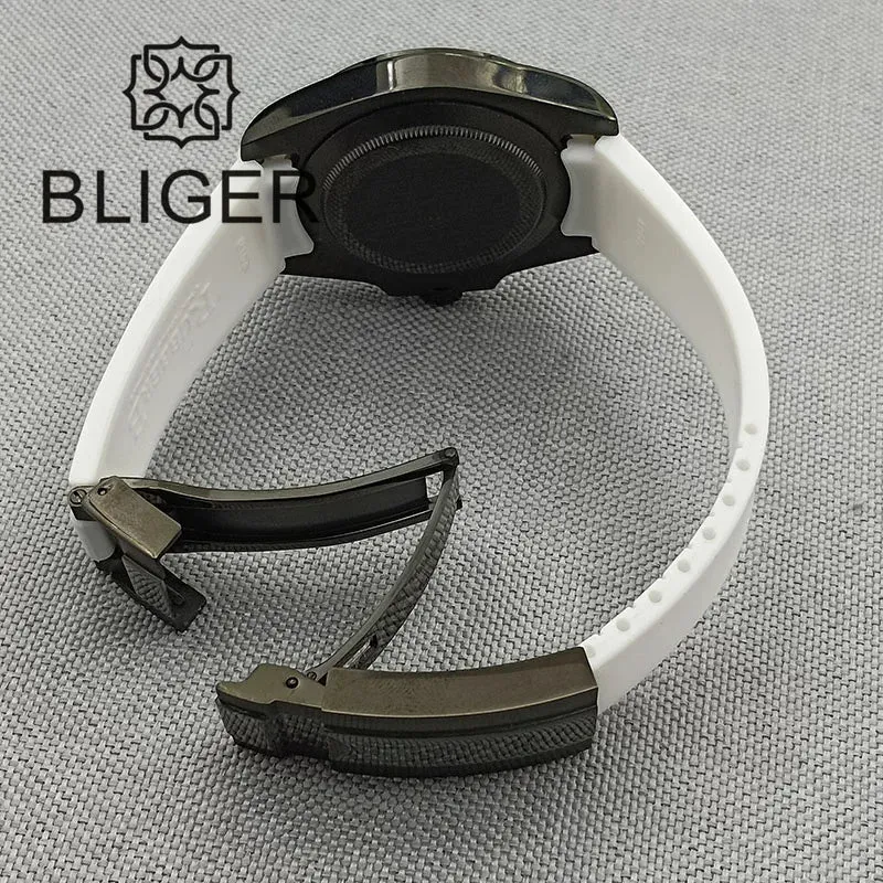 BLIGER 40mm NH35A Automatic Watch for Men White Ceramic Bezel Black Case Green Luminous Date Magnified Rubber Strap