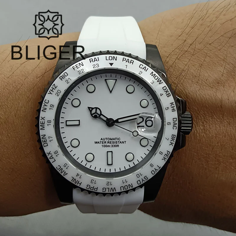 BLIGER 40mm NH35A Automatic Watch for Men White Ceramic Bezel Black Case Green Luminous Date Magnified Rubber Strap