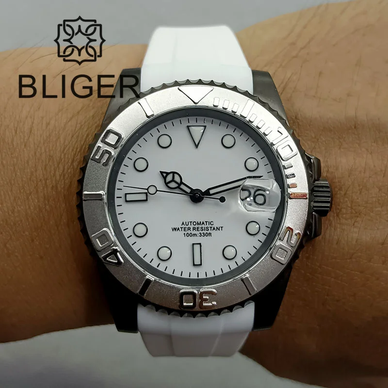 BLIGER 40mm NH35A Automatic Watch for Men White Ceramic Bezel Black Case Green Luminous Date Magnified Rubber Strap