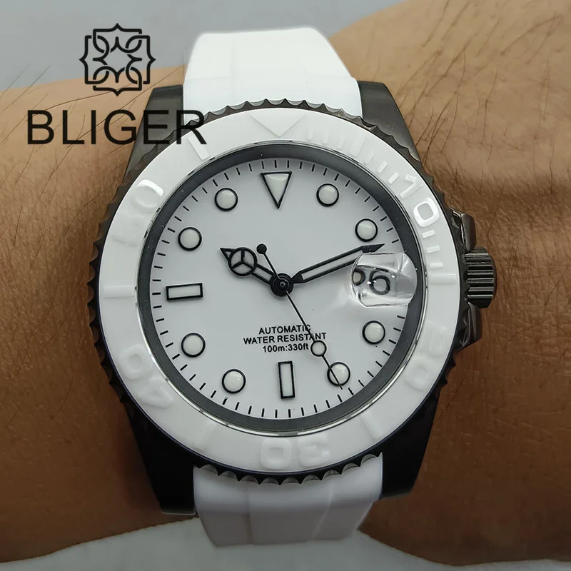 BLIGER 40mm NH35A Automatic Watch for Men White Ceramic Bezel Black Case Green Luminous Date Magnified Rubber Strap