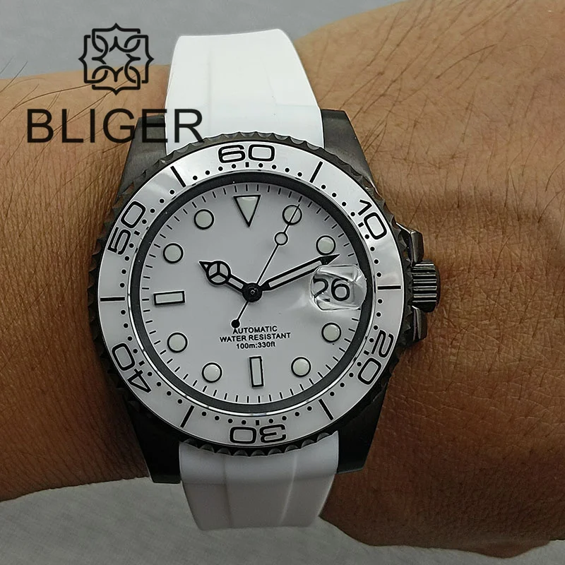 BLIGER 40mm NH35A Automatic Watch for Men White Ceramic Bezel Black Case Green Luminous Date Magnified Rubber Strap