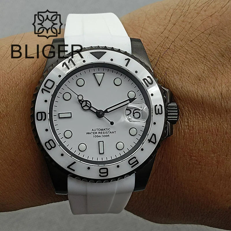 BLIGER 40mm NH35A Automatic Watch for Men White Ceramic Bezel Black Case Green Luminous Date Magnified Rubber Strap