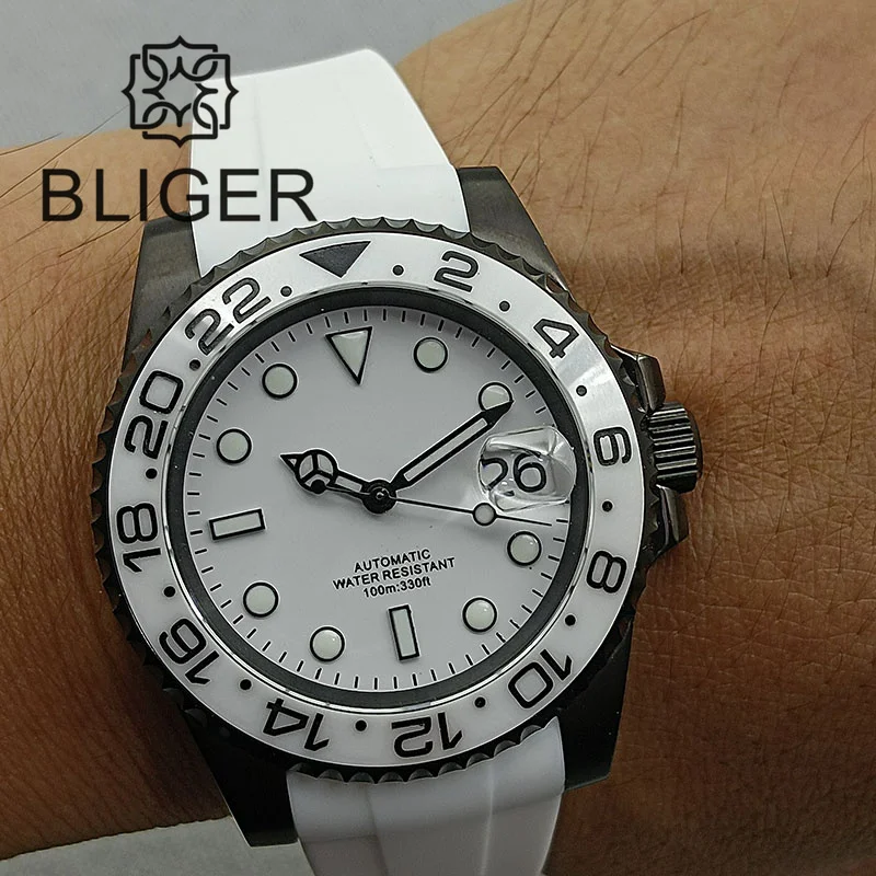 BLIGER 40mm NH35A Automatic Watch for Men White Ceramic Bezel Black Case Green Luminous Date Magnified Rubber Strap