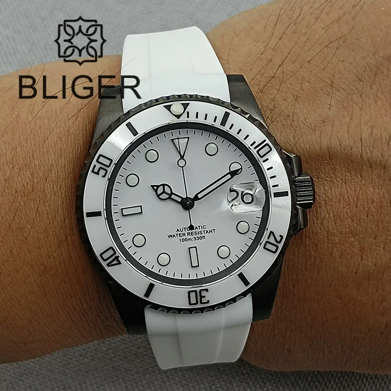BLIGER 40mm NH35A Automatic Watch for Men White Ceramic Bezel Black Case Green Luminous Date Magnified Rubber Strap