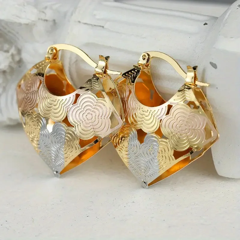 Gold Plated Floral Hoop Earrings For Women Party Fashion Dangle Earrings Alloy Metal Jewelry