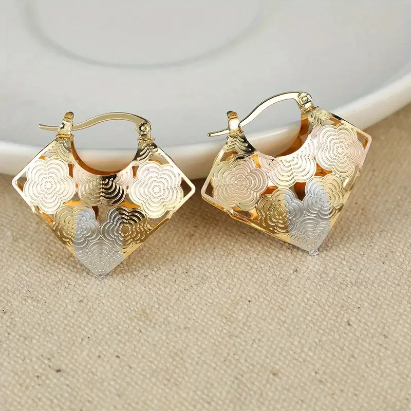 Gold Plated Floral Hoop Earrings For Women Party Fashion Dangle Earrings Alloy Metal Jewelry