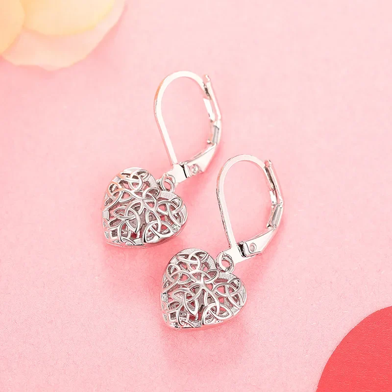 Tibetan Silver Heart Drop Earrings for Women Romantic Alloy Jewelry Gift Fashion White Gold Color