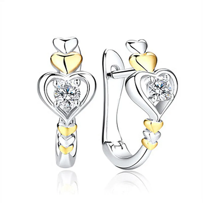 Romantic Two-tone Heart Stud Earrings 925 Silver 18K Gold Plated Round Crystal Rhinestone Wedding Jewelry For Women