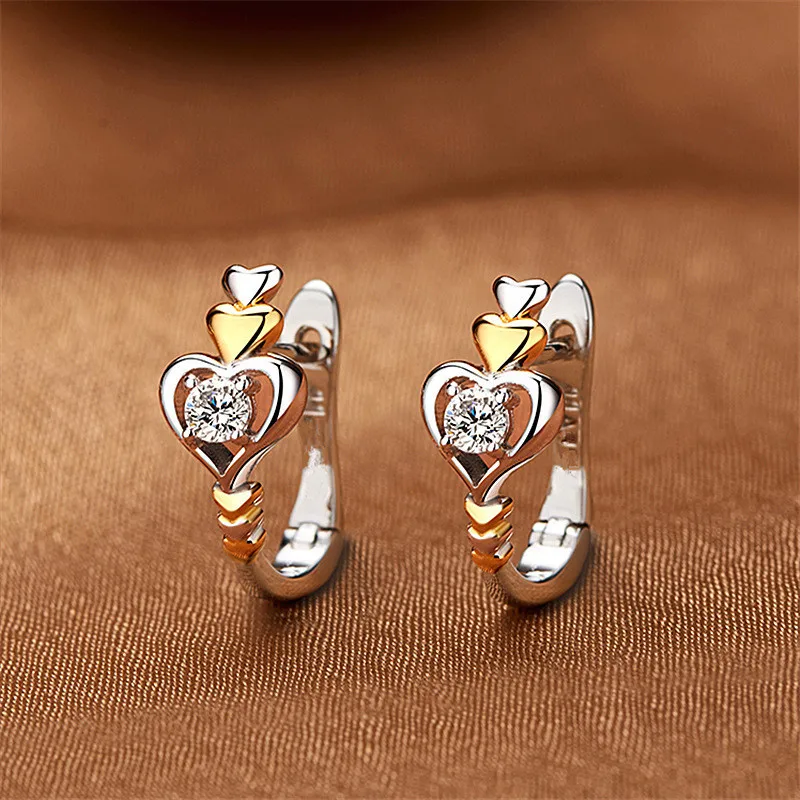 Romantic Two-tone Heart Stud Earrings 925 Silver 18K Gold Plated Round Crystal Rhinestone Wedding Jewelry For Women