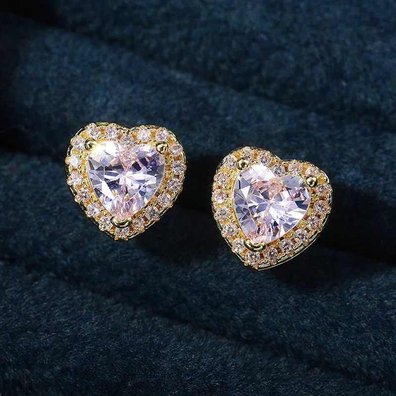 Lucky Brand Gold Heart Crystal & Rhinestone Stud Earrings 925 Silver Claw Setting Romantic Wedding Jewelry for Women