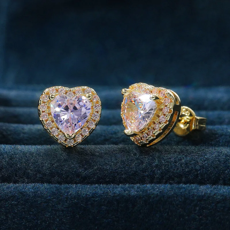 Lucky Brand Gold Heart Crystal & Rhinestone Stud Earrings 925 Silver Claw Setting Romantic Wedding Jewelry for Women