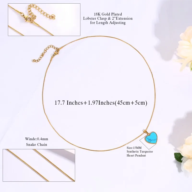 Heart Necklace for Women Synthetic Blue Turquoise Inlay Gold Color Stainless Steel Heart Pendant Necklace Gift