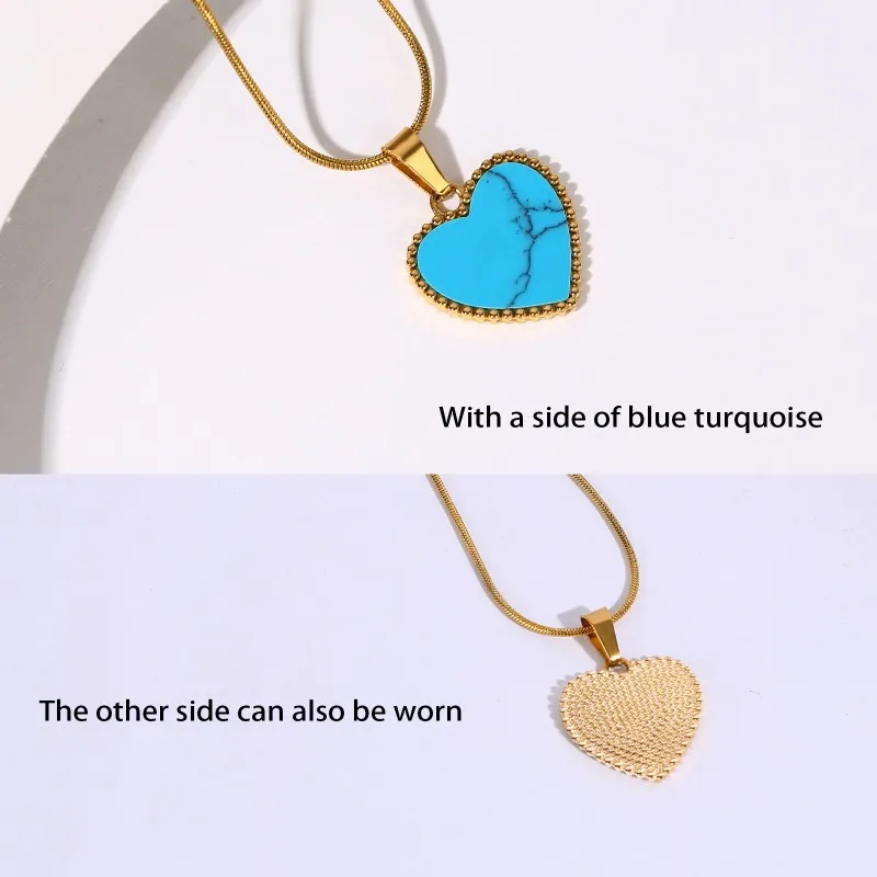 Heart Necklace for Women Synthetic Blue Turquoise Inlay Gold Color Stainless Steel Heart Pendant Necklace Gift