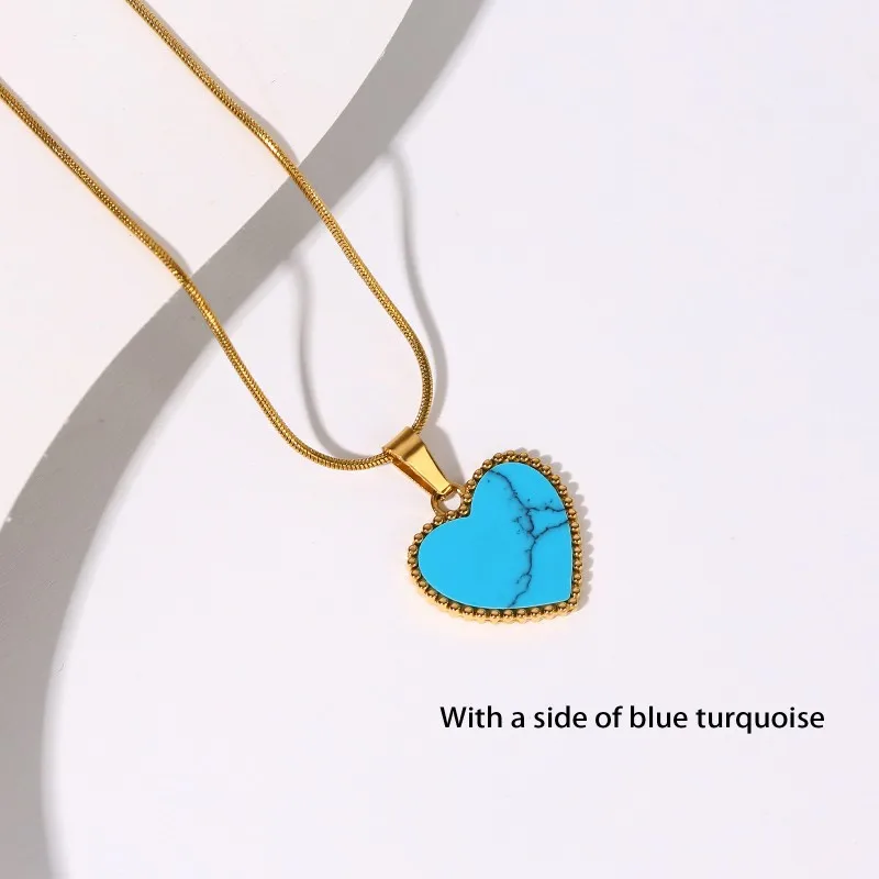 Heart Necklace for Women Synthetic Blue Turquoise Inlay Gold Color Stainless Steel Heart Pendant Necklace Gift